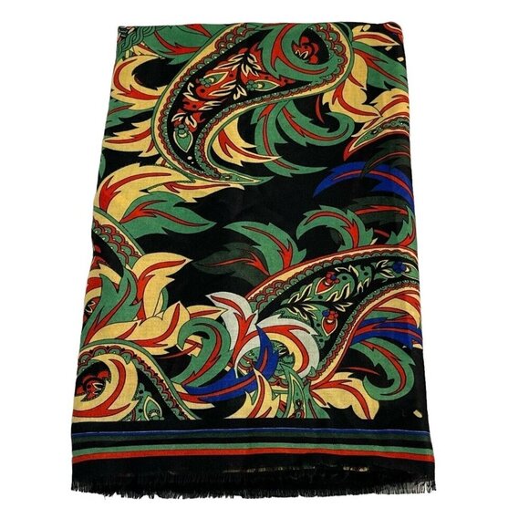 Jessica McClintock Wrap Scarf Womens OS‎ Black Paisley Floral Artsy Fringe - Picture 1 of 7